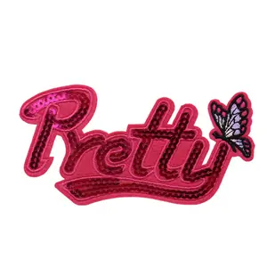 Cartoon princess patch pink letter butterfly new design variety letters iron on for clothes sequin patches