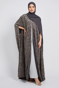 LEDUO Customized Elegant Luxury Women Eid Embroidered <b>Sequin</b> Floral Grey Open Style Abaya - Product Image 2