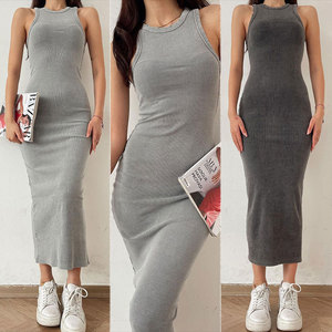 <span class=keywords><strong>Abito</strong></span> Vintage con scollo a girocollo <span class=keywords><strong>grigio</strong></span> canotta da donna <span class=keywords><strong>abito</strong></span> estivo lungo Basic da donna senza maniche a <span class=keywords><strong>maglia</strong></span> a costine all'ingrosso - Product Image 1