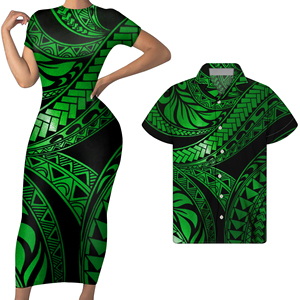 Robe moulante à manches courtes et imprimé à rayures tribales polynésiennes colorées étincelantes femmes Match hommes chemises ensemble de vêtements personnalisés pour Couple - Product Image 3