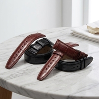 Bracelet de montre en cuir véritable grain crocodile de qualité supérieure avec boucle papillon en acier inoxydable – Noir et Marron