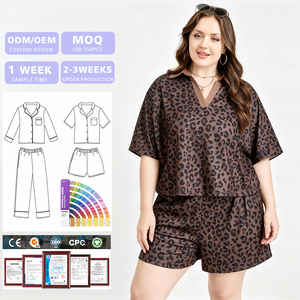 Conjunto Casual de Top Polo con Cuello en V y Pantalones Cortos con Cordón Ajustable, Estampado de Leopardo en Seda, Tallas Grandes Personalizadas para Mujer - Product Image 1