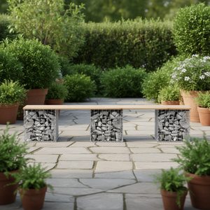 Banc de jardin en bois naturel et métal avec base remplie de pierres pour usage extérieur sur terrasse - Product Image 2