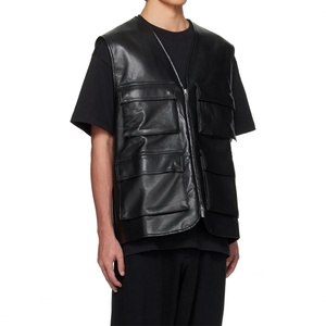 Gilet en cuir noir de haute qualité avec poches à rabat et fermeture éclair, veste sans manches décontractée pour hommes - Product Image 2