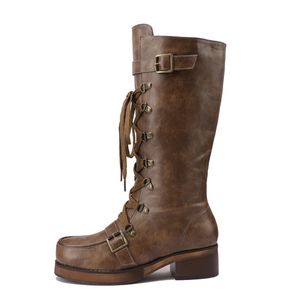 Western Style Women Lace up Boots Belt Metal Buckles Cowboy Knee High Long <b>Booties</b> Ladies Low Chunky Heels Shoes - Product Image 3