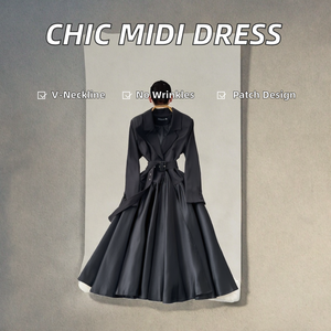 Kasual elegan kerah berlekuk tunik Blazer gaun Midi untuk wanita kerajaan perca renda Vestidos anti-kerut fitur tenun depan - Product Image 2