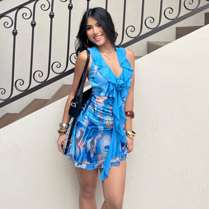 Robe mini moulante sexy en maille à volants, patchwork, col en V, dos nu et froncée - Product Image 3