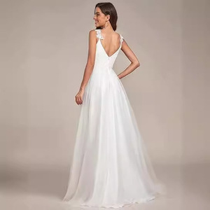 Wedding Dress A-Line V-Neck White Polyester Empire Waist Simple Straps Long Sleeve - Product Image 4