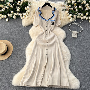 Vestidos Casuales de Punto para <span class=keywords><strong>Mujer</strong></span>, Cuello Polo, Manga Corta, Combinación de Colores, Verano - Product Image 4