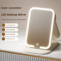 Miroir de maquillage avec lumière LED, cadre en verre PU/PS/PVC, portable, pliable, sur pied, design moderne et simple, pour bureau, étudiant, dortoir, maison
