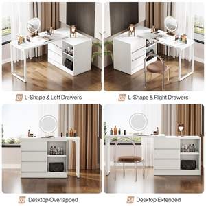 <span class=keywords><strong>Mesa</strong></span> de Maquillaje Moderna de Esquina con 3 Cajones y 2 Estantes, Escritorio Compacto Blanco con Organizador Reversible - Product Image 4