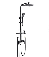 Ensemble de douche moderne noir mat en laiton avec mitigeur rotatif à 4 sorties, douchette pluie carrée et barre coulissante réglable en hauteur