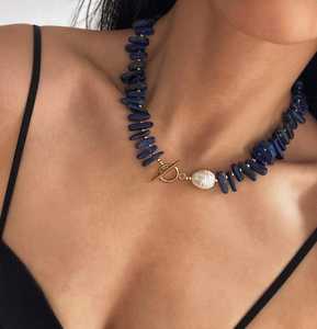Joyería de mujer, gargantilla de piedras preciosas con barra de lapislázuli azul, collar llamativo con abalorio de Perla Barroca - Product Image 2