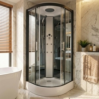 Cabine de douche quadrant avec base en acrylique, cadre en aluminium noir mat, verre de sécurité trempé, jets de massage corporel, 800x800x2150mm, hôtel
