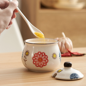 创意彩绘花卉陶瓷储物罐胡椒盐罐厨房用具储物盒带盖香料香料瓶家居装饰 - Product Image 4