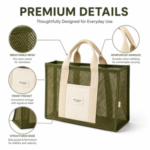 <span class=keywords><strong>Bolsa</strong></span> de Mano de Malla Verde Oliva con Logotipo Personalizado, Asas de Lona Beige, Espaciosa, Duradera, Transpirable, Ligera, para Campamento, Picnic y Actividades al Aire Libre - Product Image 2