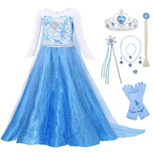 Snow Queen Princess Elsa Anna Cosplay Halloween Costume Long Sleeve Kids Anime Dresses Party for Girl