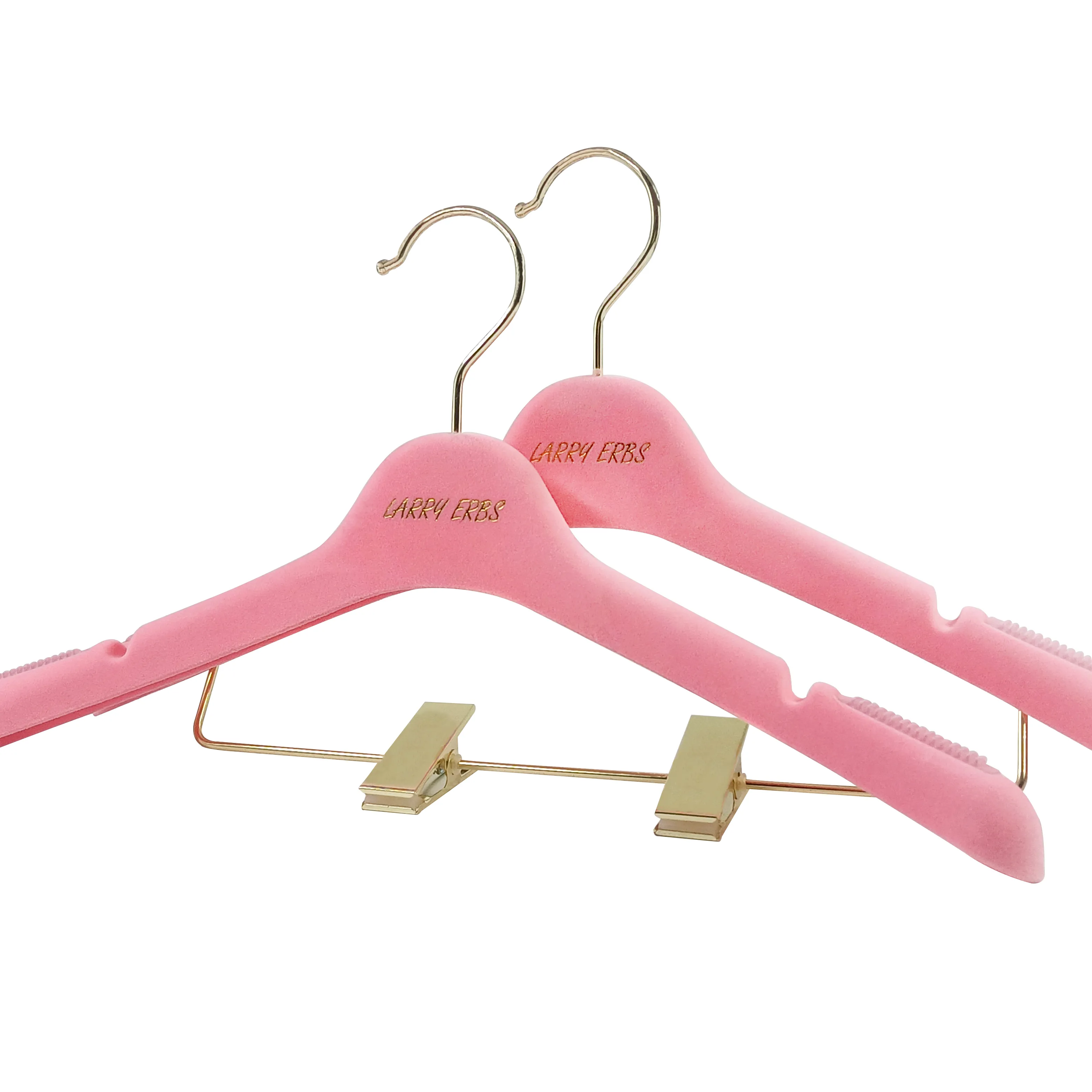 YT pink flocking velvet plastic clothes hangers with anti-slip shoulder for weeding dress