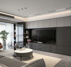 Meuble TV gris et noir combiné avec éclairage LED, étagères de rangement, portes et tiroirs rayés pour le salon - Product Image 5