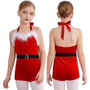 Combinaison de danse en velours pour filles de 6 à 16 ans, avec garniture en fausse fourrure, col halter et ceinture, idéale pour les fêtes, spectacles et récitals, personnalisable - Product Image 3