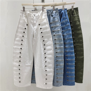 Jeans Vintage a Gamba Larga per Ragazze, Stile Streetwear Trendy, Vita Media, Decorazione con Fibbia Metallica, Silhouette Slim Fit, Lunghezza al Pavimento - Product Image 1