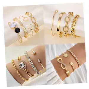 Conjunto de pulseiras banhadas a ouro vintage para mulheres, pulseira de cristal e coração da sorte com 8 diamantes, joia da moda