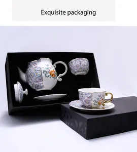 thé pot 2 personne Suppliers-Service à thé en porcelaine rose, design rétro et forme irrégulière, 1 théière avec 2 tasses à thé et soucoupes à bord doré