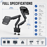Support de bureau double bras de moniteur à ressort mécanique robuste, rotation à 360°, réglable pour écrans de 17 à 32 pouces, jusqu'à 9 kg