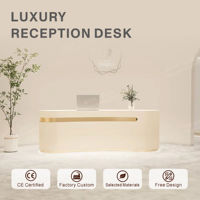 Bureau de réception moderne en bois courbé style crème avec éclairage pour salon de beauté et boutique de vêtements pour femmes, design luxueux et élégant