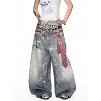 Jean déchiré coupe bootcut ample imprimé léopard en nylon/coton, style américain, pour femmes et hommes, idéal pour l'été