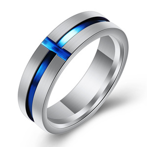 Anillo de acero de titanio de 6 mm con incrustaciones de cruz de resina epoxi azul, joyería de compromiso para mujer - Product Image 5