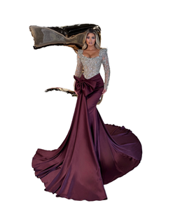 Kişiye Özel 2025 Bordo Saten Şeker Rengi Denizkızı Model Yerlere Kadar Uzun Parti Balo Elbisesi Kare Yaka Uzun Kollu Düğün Nişan - Product Image 1