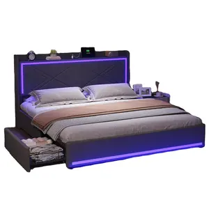 现代奢华frbric特大床天鹅绒床，带发光二极管灯和储物