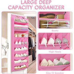Organisateur de chaussures à suspendre sur la porte, 8 étagères, 68 pouces de profondeur, avec poches, pour rangement de placard, rose - Product Image 4