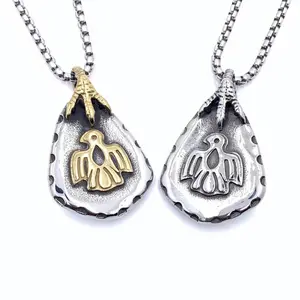 Ancient Making Gold Plated 316L Stainless Steel Rough Surface Thunderbird Water Drop Pendant Necklace for Men