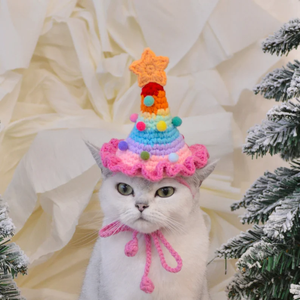 Chapeau pour animaux de compagnie au crochet fait main, motif dessin animé arc-en-ciel et étoile, bonnet doux et chaud, accessoire capillaire pour chats et chiens, idéal pour les fêtes de Noël - Product Image 2