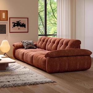 Divano Modulare Dritto in Tessuto Chenille Trapuntato Stile Retrò Mid-Century, Seduta Profonda, Imbottito, per Soggiorno in Stile Crema Francese - Product Image 2