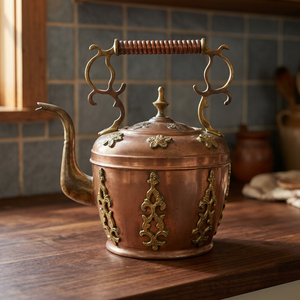 Vintage Tea Kettle With Brass Accents And <b>Lid</b> Metal Water <b>Pot</b> Decorative Kitchenware - Product Image 3