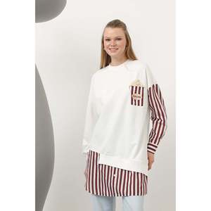 เสื้อคลุมผู้หญิงสีเอครูกรมท่า คอกลม ผ้าถัก ลายป๊อปคอร์นตัดสี สำหรับใส่พักผ่อน - Product Image 2