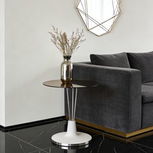Elegante Mesa de Centro Moderna Mocha Orbit con Base Esculpida y Redonda de Vidrio Templado Tintado en Ámbar - Product Image 2