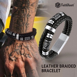 Nuevo Estilo, Brazalete de Acero Inoxidable Electrochapado con Cuerda de Cuero, Estilo Hip-Hop <span class=keywords><strong>para</strong></span> Hombre, Serie Vikinga Nórdica, Venta al Por Mayor, Regalo - Product Image 3