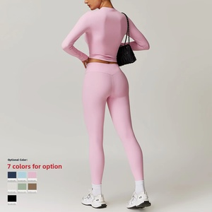 Set of 2 Brushed High-Waisted Tight Long-Sleeve Yoga Suit Set for <strong>Women</strong> with Nylon Spandex and <strong>Pull</strong>-<strong>On</strong> Closure 8886 - Product Image 3
