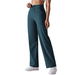 Venta al por mayor de logotipo personalizado transpirable correr Fitness bolsillo de cintura alta elástico suelto Casual pierna ancha pantalones de Yoga - Product Image 6