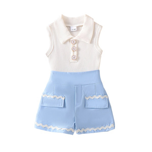 Ensemble décontracté été 2026 en coton respirant de couleur unie, <span class=keywords><strong>gilet</strong></span> et short pour bébés et enfants - Product Image 4