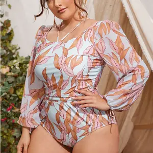 Hot New Plus Size Conservative Swimsuit Chiffon Long Sleeve 1 Piece Tropical Floral Print Swimwear