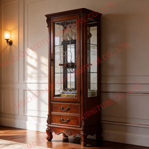 Gabinete de Almacenamiento de Madera Maciza Tallado a Mano de Primera Calidad con Puerta de Vidrio, Cajones y Estantes - Vitrina Alta para Vino y Decoración de 25.6 Pulgadas de Ancho - Product Image 1