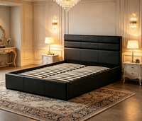 Lit convertible en cuir noir et métal, réglable, avec tête de lit capitonnée à cannelures profondes, plateforme de rangement relevable, taille King/Queen