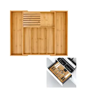 Bandeja talheres para cozinha, suporte expansível para utensílio para talheres, armazenamento, faca removível, bloco de bambu