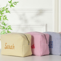 Sac de toilette en toile rayée avec logo brodé personnalisé Qetesh, grande capacité pour femmes, trousse de maquillage de voyage, étui de toilette personnalisé