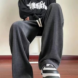 Pantalon long décontracté en velours côtelé pour homme, coupe droite ample et large, taille élastique drapée, léger et tendance, printemps-automne, blanc - Product Image 4